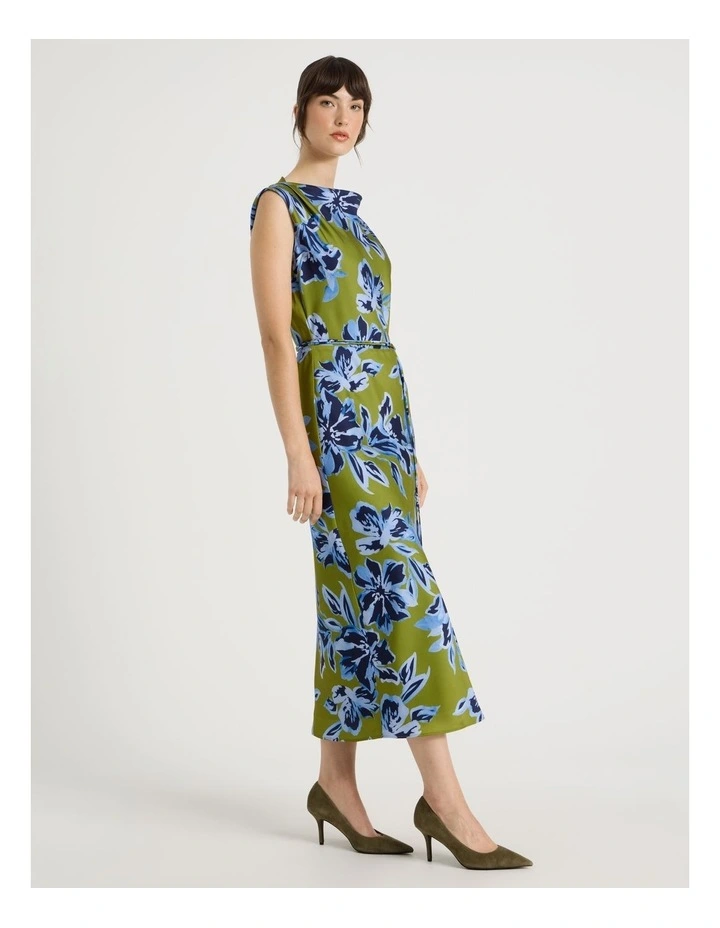 Cowl Neck Sleeveless Satin Midi Dress in Painterly Floral Print image 3