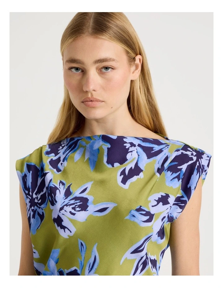 Cowl Neck Sleeveless Satin Midi Dress in Painterly Floral Print image 3