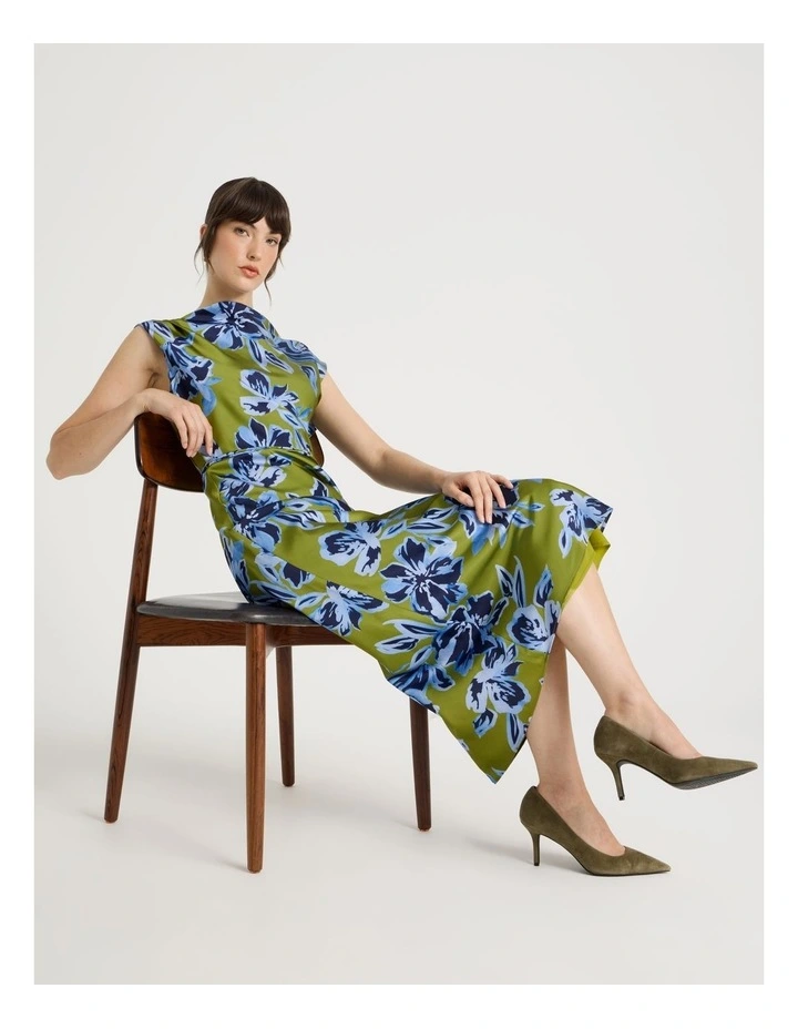 Cowl Neck Sleeveless Satin Midi Dress in Painterly Floral Print image 6