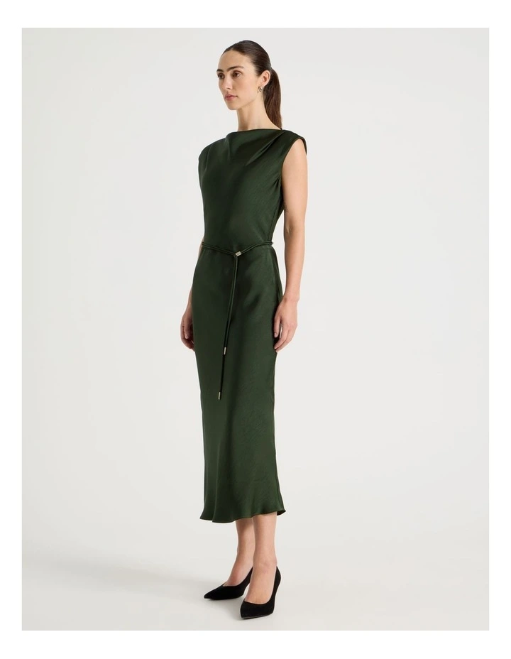 Cowl Neck Sleeveless Satin Midi Dress in Dark Green image 1