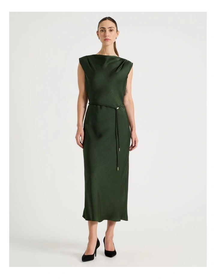 Cowl Neck Sleeveless Satin Midi Dress in Dark Green image 3