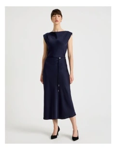 Cowl Neck Sleeveless Satin Midi Dress in Navy
