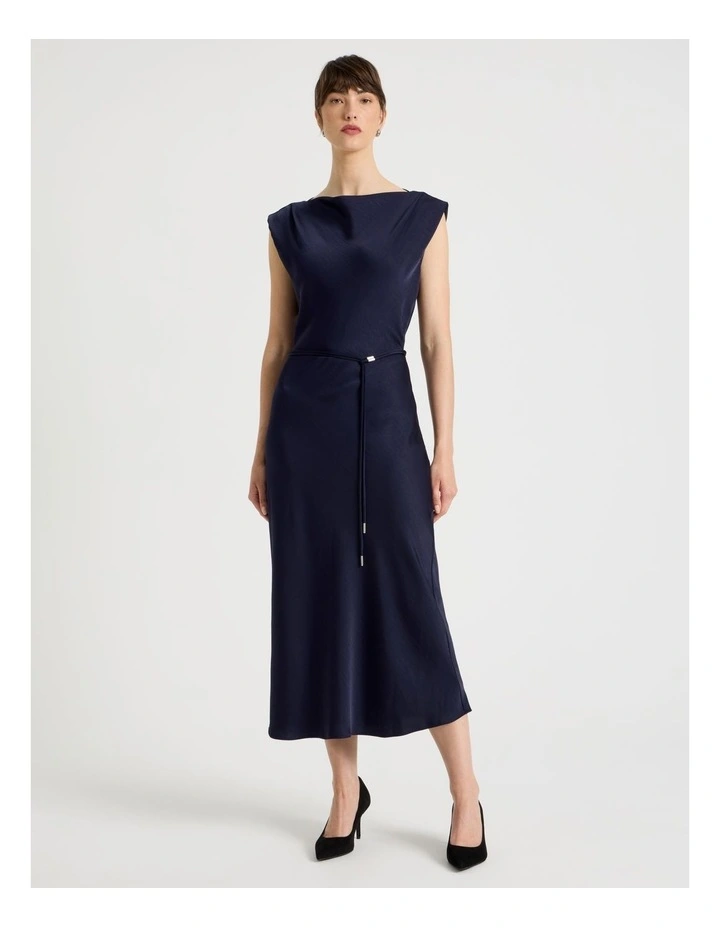 Cowl Neck Sleeveless Satin Midi Dress in Navy image 1
