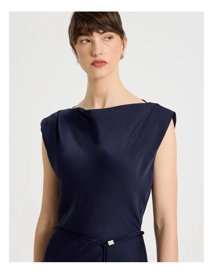Cowl Neck Sleeveless Satin Midi Dress in Navy image 3