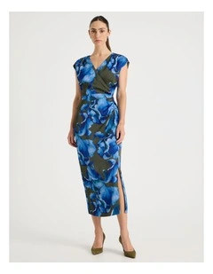 Gathered Side Satin Midi Dress in Water Floral Print