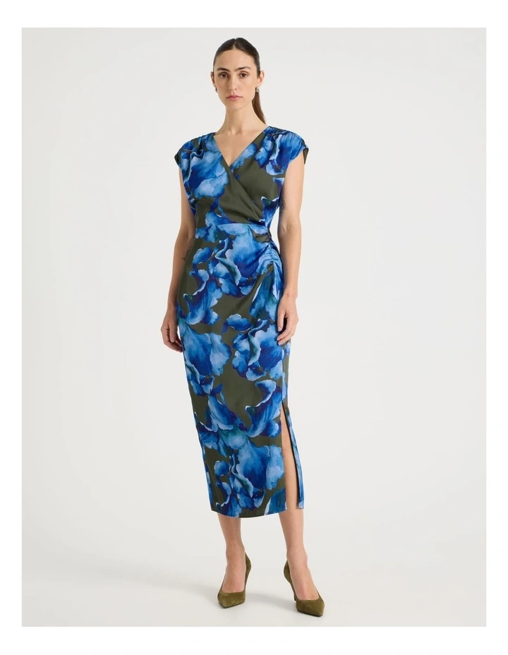 Gathered Side Satin Midi Dress in Water Floral Print image 1