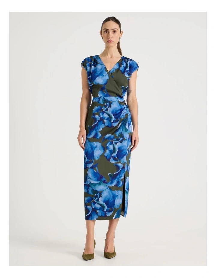Gathered Side Satin Midi Dress in Water Floral Print image 4
