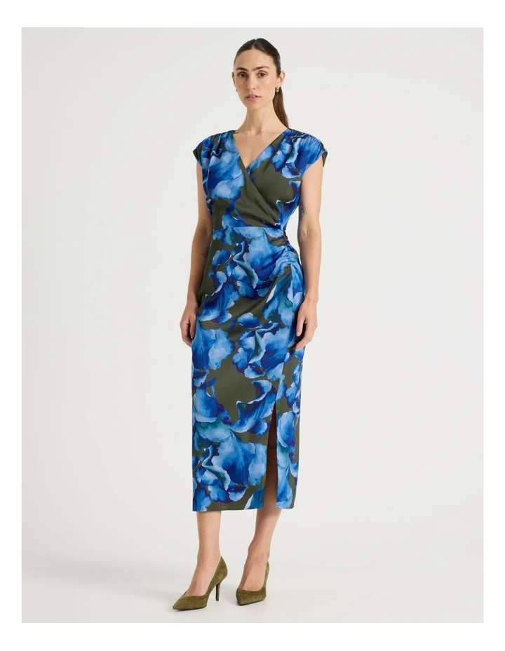 Gathered Side Satin Midi Dress in Water Floral Print image 5