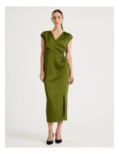 Gathered Side Satin Midi Dress in Chartreuse