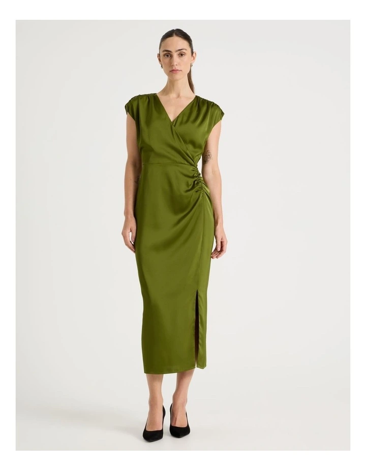 Gathered Side Satin Midi Dress in Chartreuse image 1