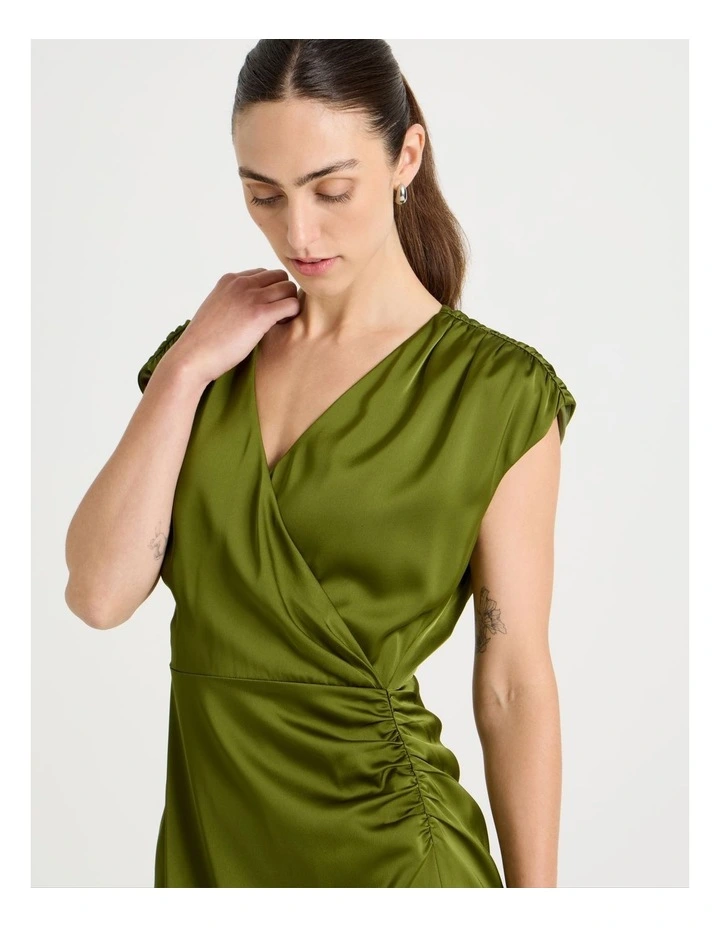 Gathered Side Satin Midi Dress in Chartreuse image 2