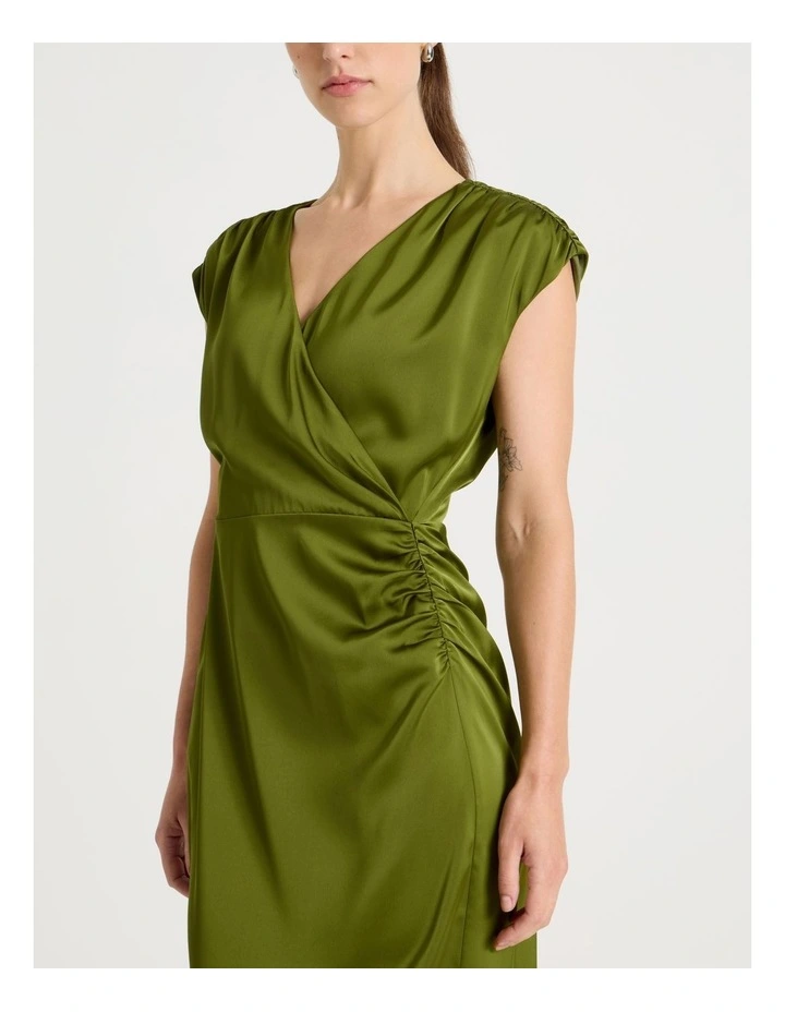 Gathered Side Satin Midi Dress in Chartreuse image 4
