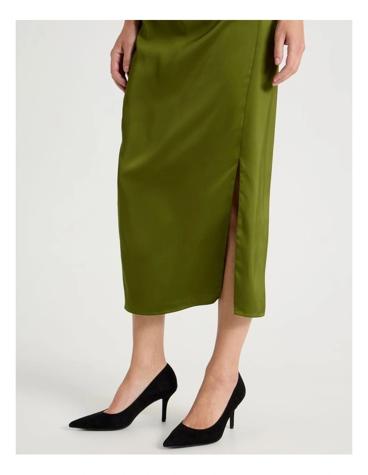 Gathered Side Satin Midi Dress in Chartreuse image 5