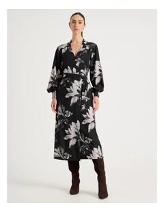 Long Sleeve Wrap Poly Twill Midi Dress in Mono Floral