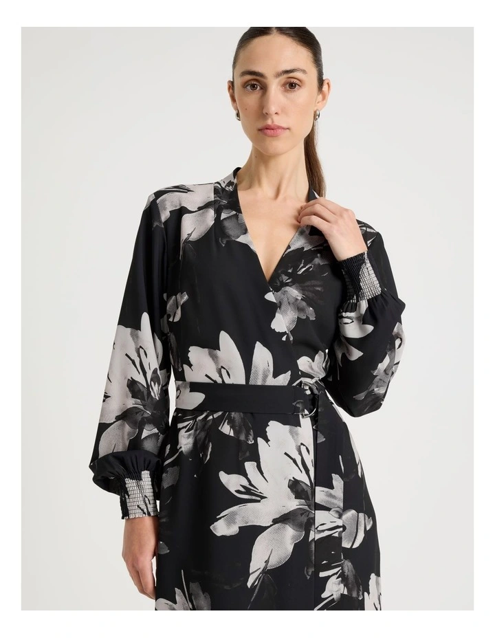 Long Sleeve Wrap Poly Twill Midi Dress in Mono Floral image 2