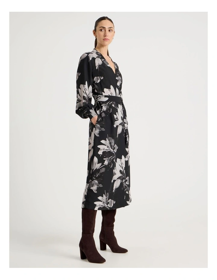 Long Sleeve Wrap Poly Twill Midi Dress in Mono Floral image 3