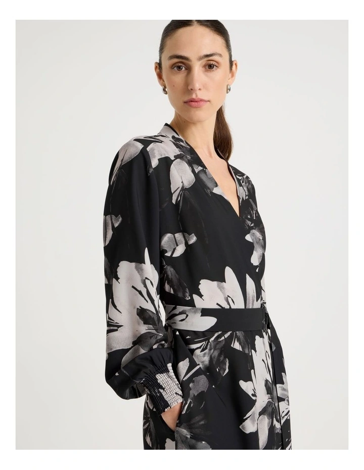Long Sleeve Wrap Poly Twill Midi Dress in Mono Floral image 4