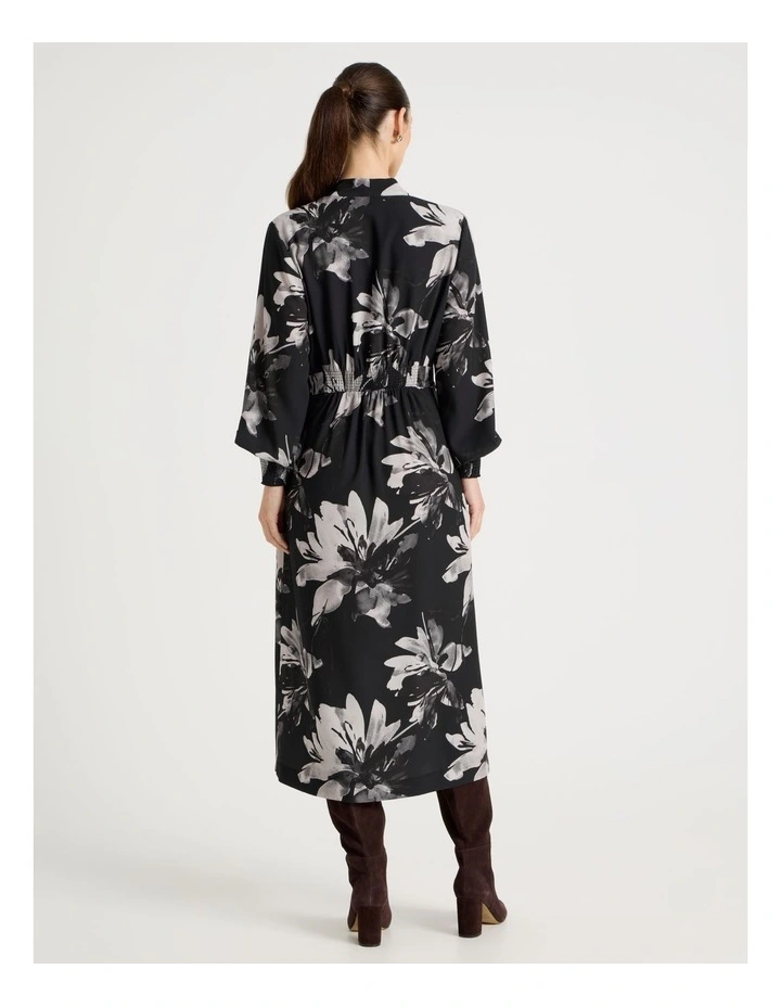 Long Sleeve Wrap Poly Twill Midi Dress in Mono Floral image 5