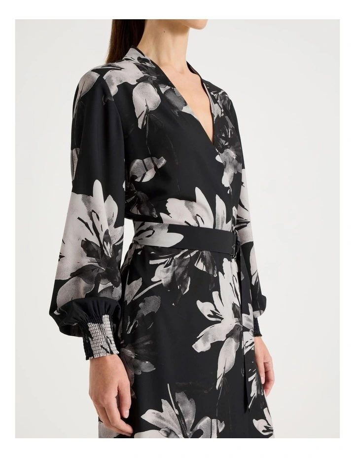 Long Sleeve Wrap Poly Twill Midi Dress in Mono Floral image 6