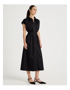 Zip Thru Cap Sleeve Cotton Sateen Midi Dress