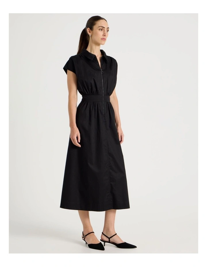 Zip Thru Cap Sleeve Cotton Sateen Midi Dress image 1