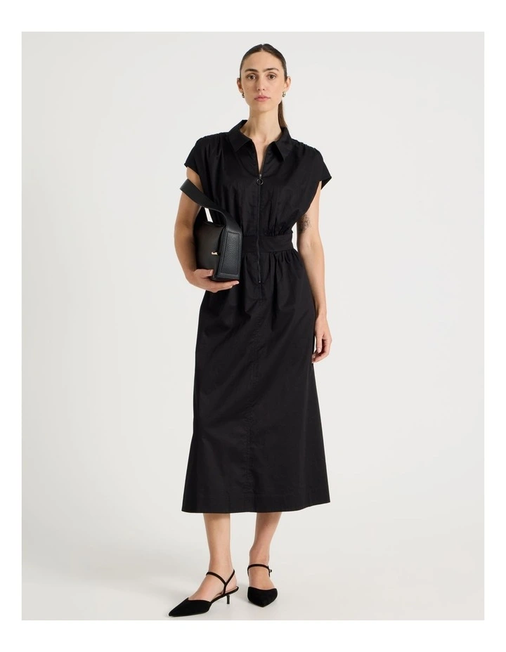 Zip Thru Cap Sleeve Cotton Sateen Midi Dress image 3