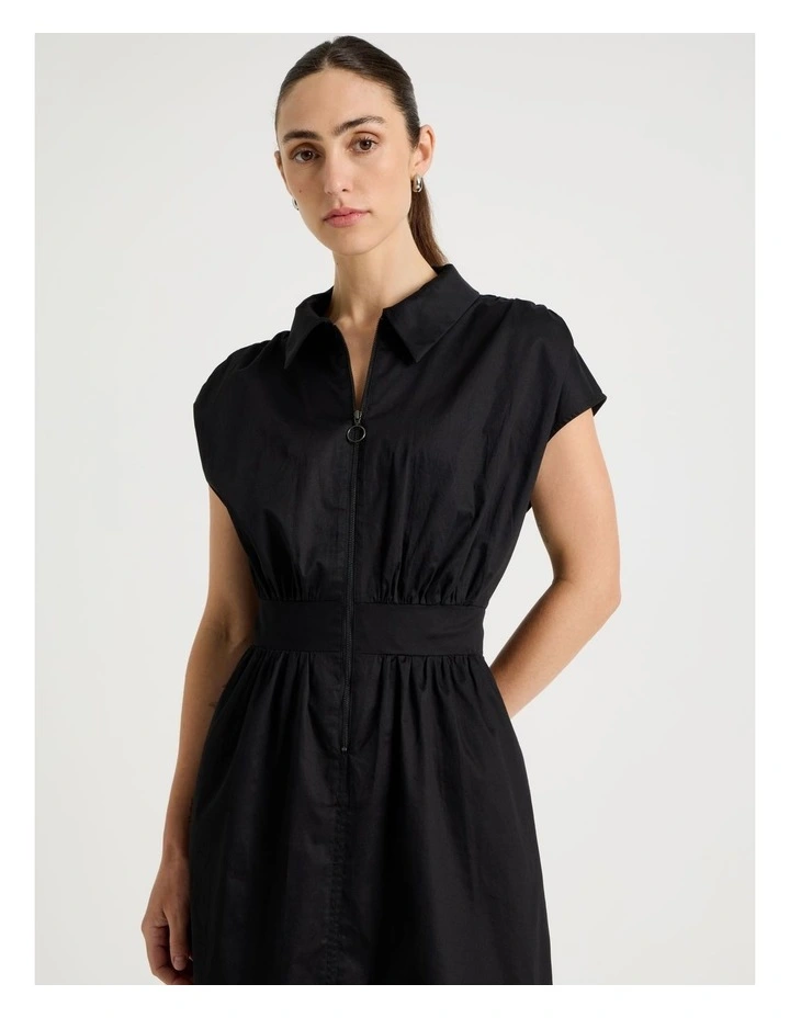 Zip Thru Cap Sleeve Cotton Sateen Midi Dress image 4