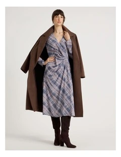 Long Sleeve Gathered Side Midi Dress in Check Print