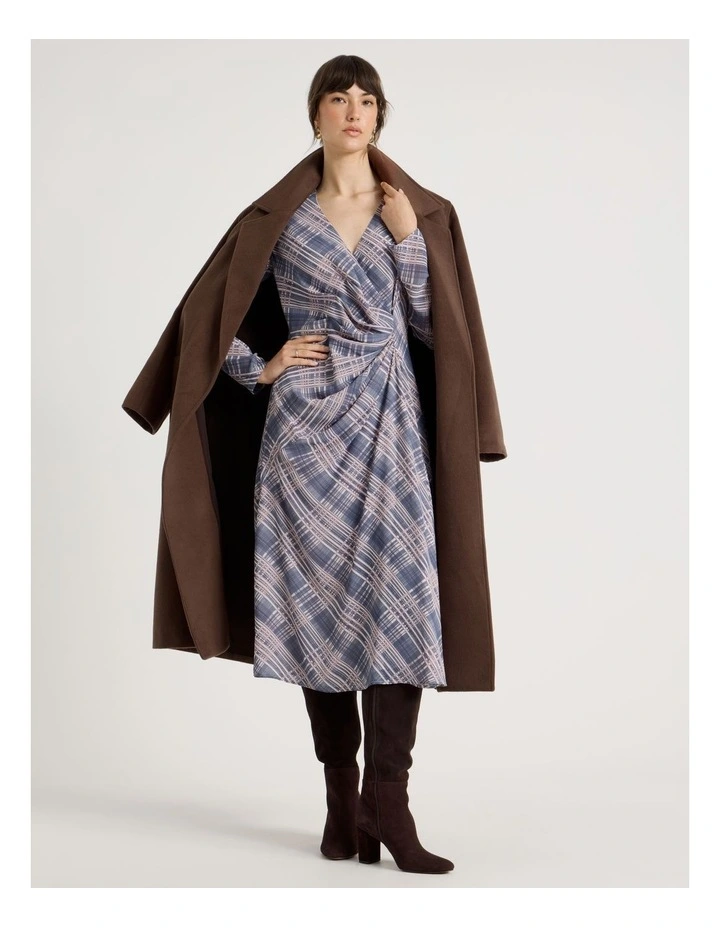 Long Sleeve Gathered Side Midi Dress in Check Print image 1