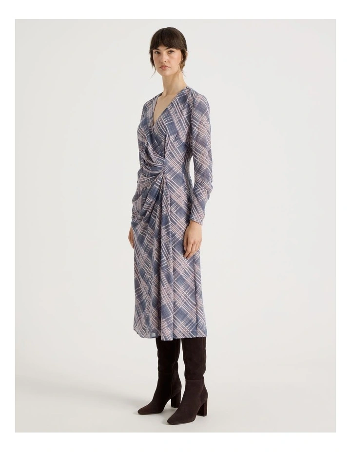 Long Sleeve Gathered Side Midi Dress in Check Print image 2