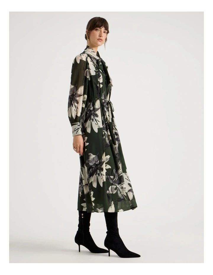 Tie Neck Long Sleeve Maxi Dress in Monochrome Floral Print image 1
