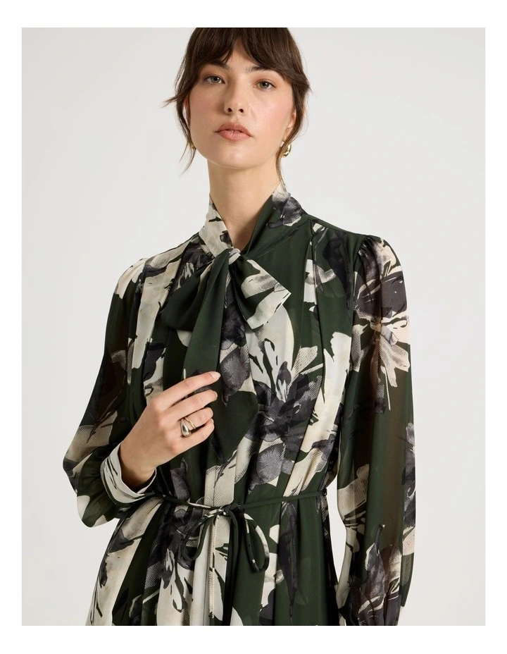 Tie Neck Long Sleeve Maxi Dress in Monochrome Floral Print image 2