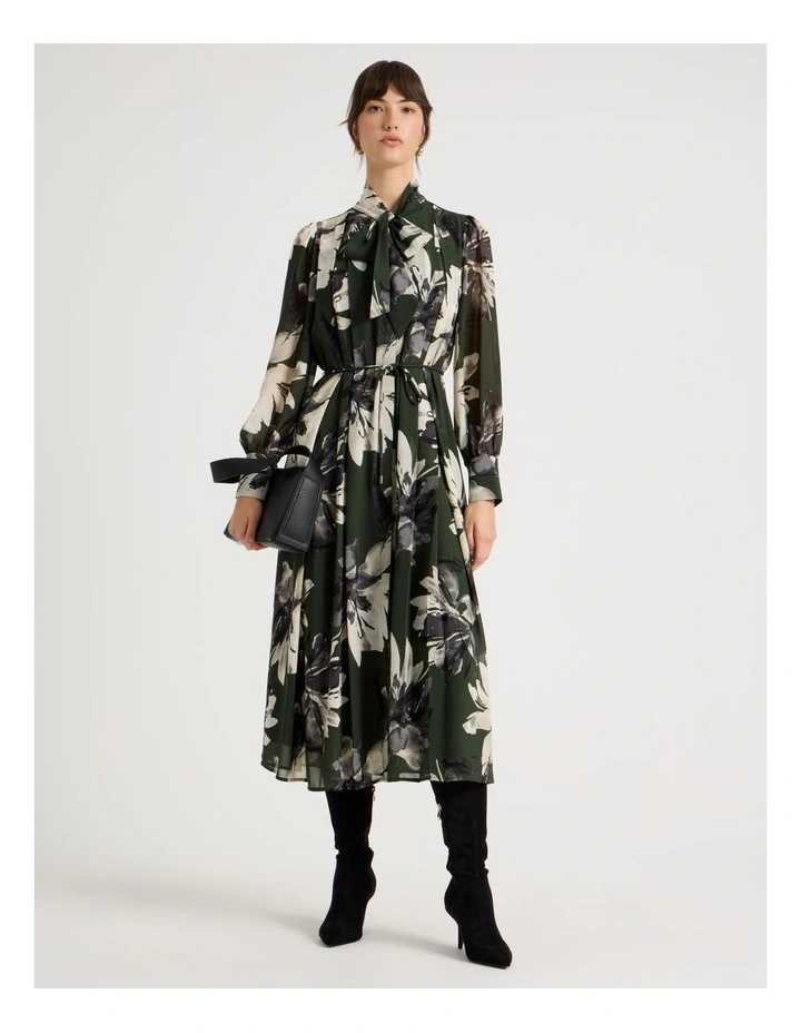 Tie Neck Long Sleeve Maxi Dress in Monochrome Floral Print image 3