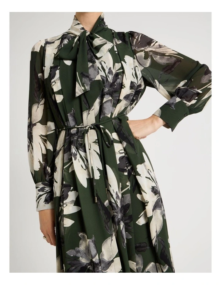 Tie Neck Long Sleeve Maxi Dress in Monochrome Floral Print image 4