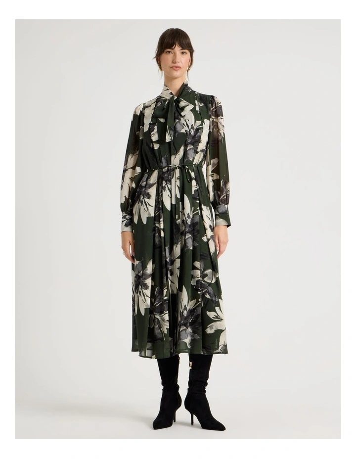 Tie Neck Long Sleeve Maxi Dress in Monochrome Floral Print image 5