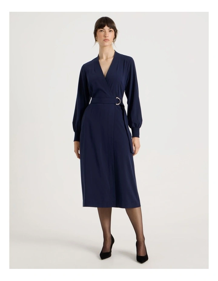 Long Sleeve Wrap Dry Poly Twill Dress in Navy image 2