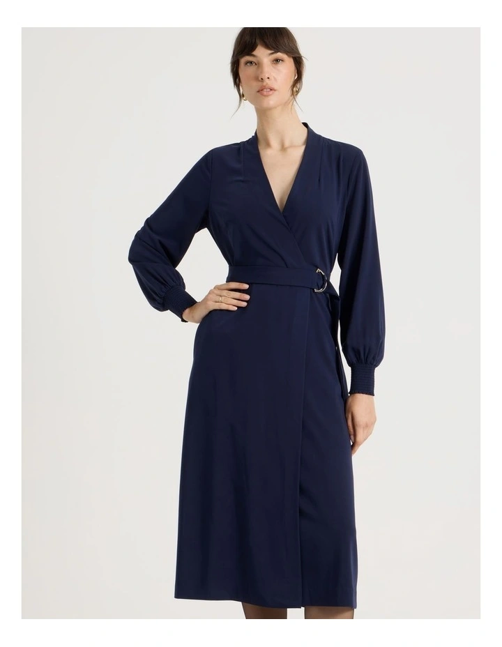 Long Sleeve Wrap Dry Poly Twill Dress in Navy image 3
