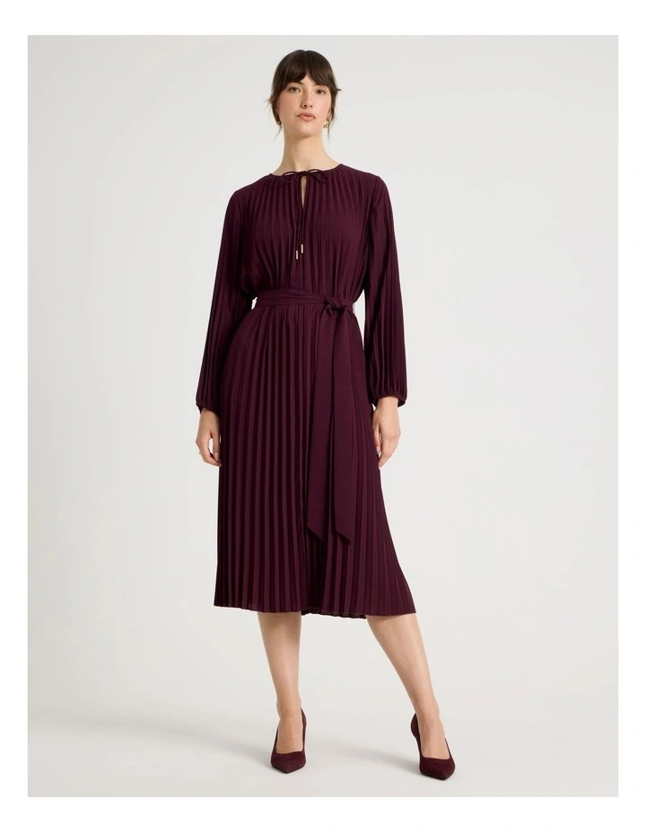Long Sleeve Pleated Crepe Midi Dress in Aubergine image 1
