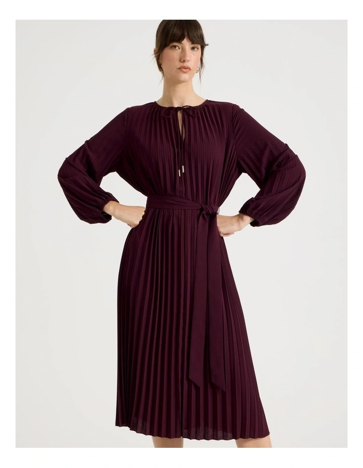 Long Sleeve Pleated Crepe Midi Dress in Aubergine image 2