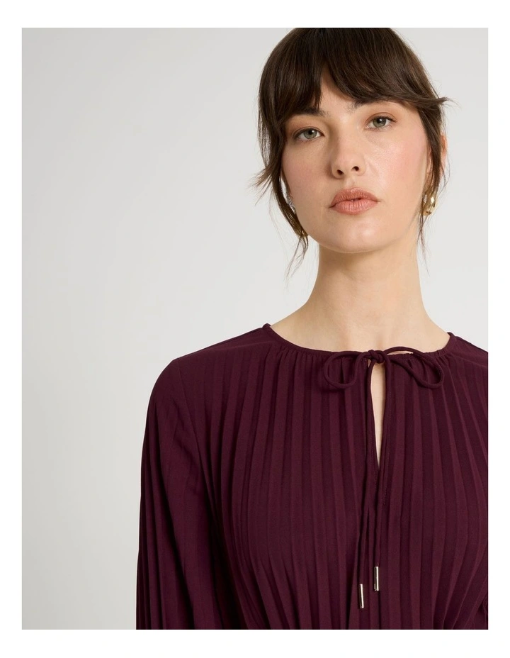 Long Sleeve Pleated Crepe Midi Dress in Aubergine image 3