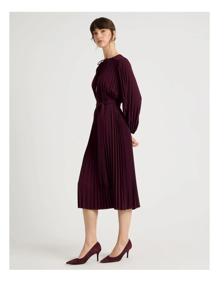 Long Sleeve Pleated Crepe Midi Dress in Aubergine image 4