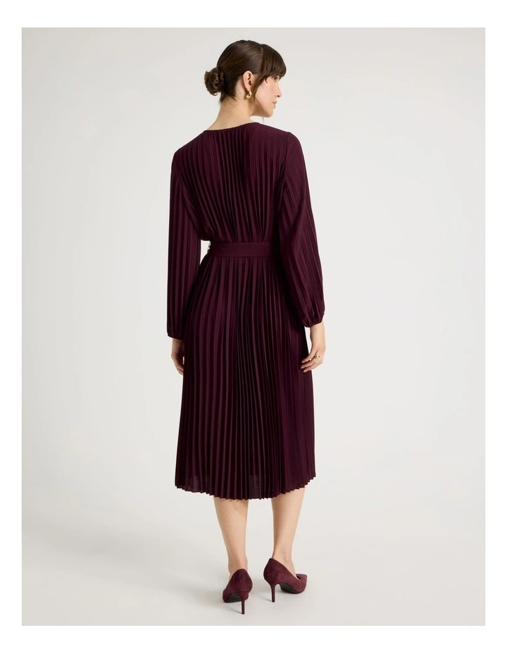 Long Sleeve Pleated Crepe Midi Dress in Aubergine image 5