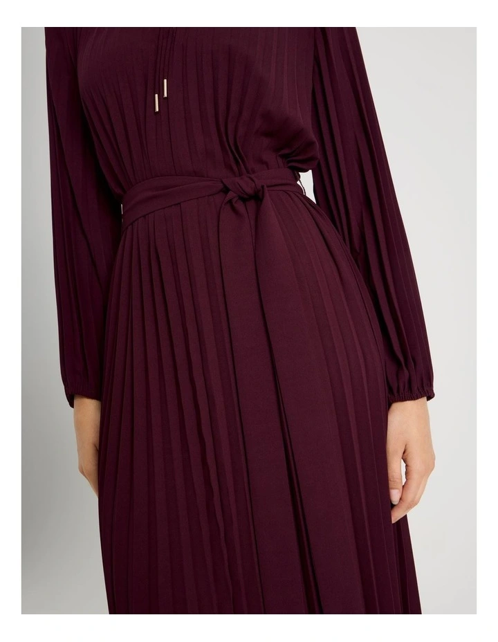 Long Sleeve Pleated Crepe Midi Dress in Aubergine image 6