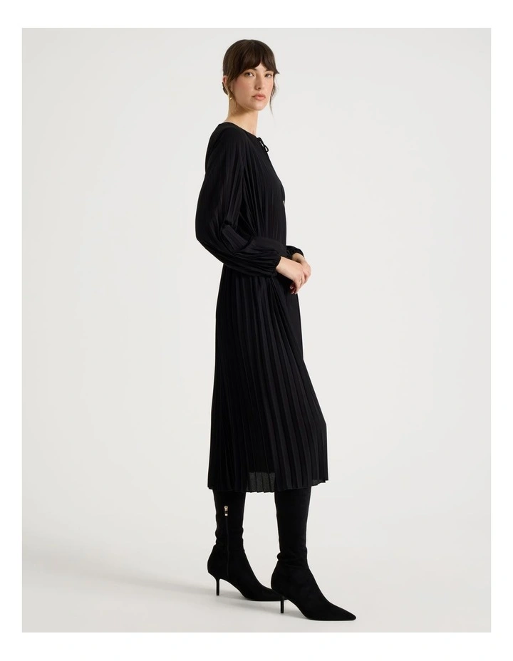 Long Sleeve Pleated Crepe Midi Dress in Black image 3