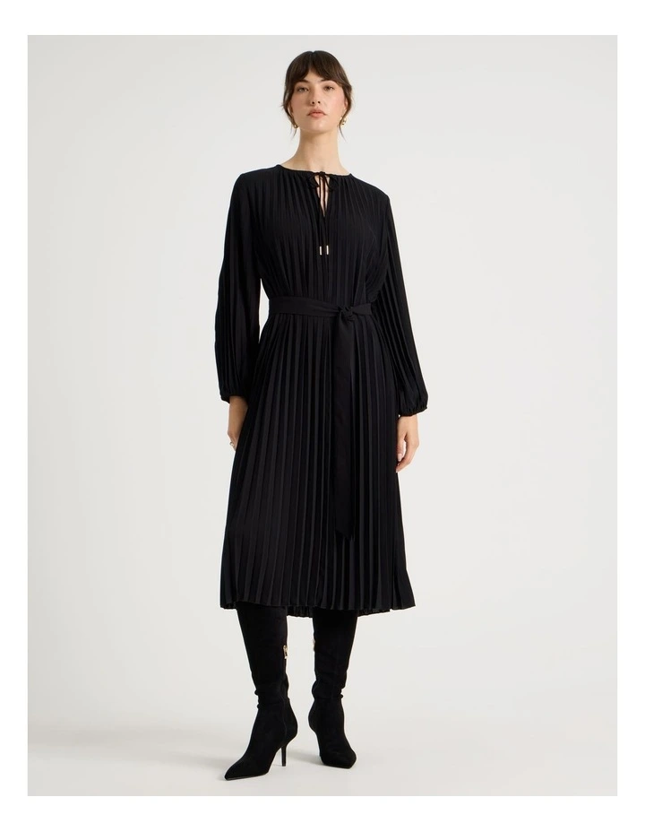 Long Sleeve Pleated Crepe Midi Dress in Black image 6