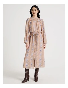 Long Sleeve Midi Georgette Dress with Belt in Abstract Print
