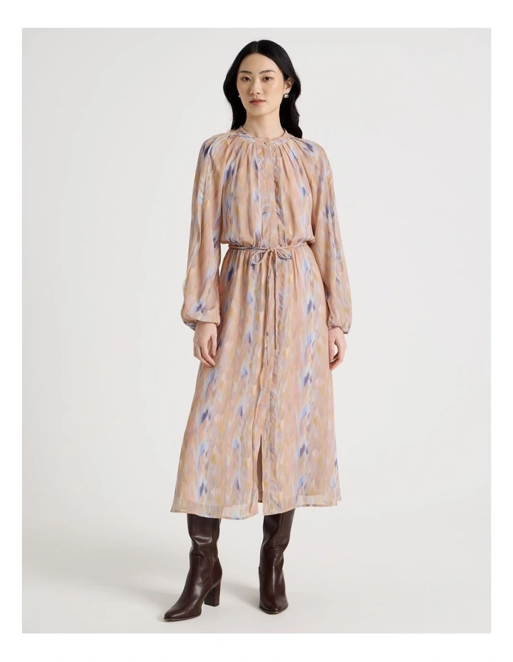 Long Sleeve Midi Georgette Dress with Belt in Abstract Print image 1