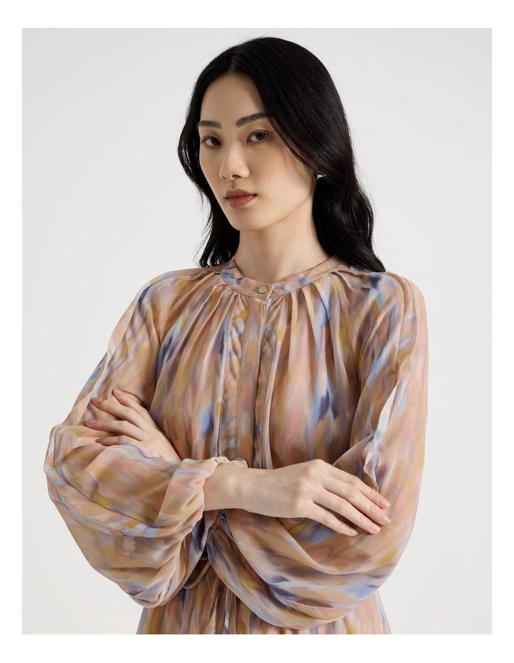 Long Sleeve Midi Georgette Dress with Belt in Abstract Print image 2