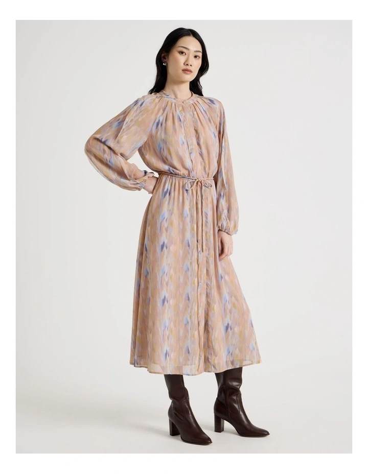 Long Sleeve Midi Georgette Dress with Belt in Abstract Print image 3