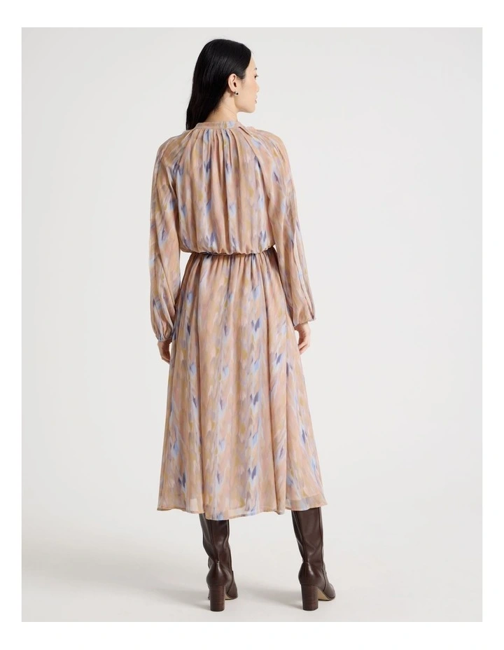 Long Sleeve Midi Georgette Dress with Belt in Abstract Print image 6